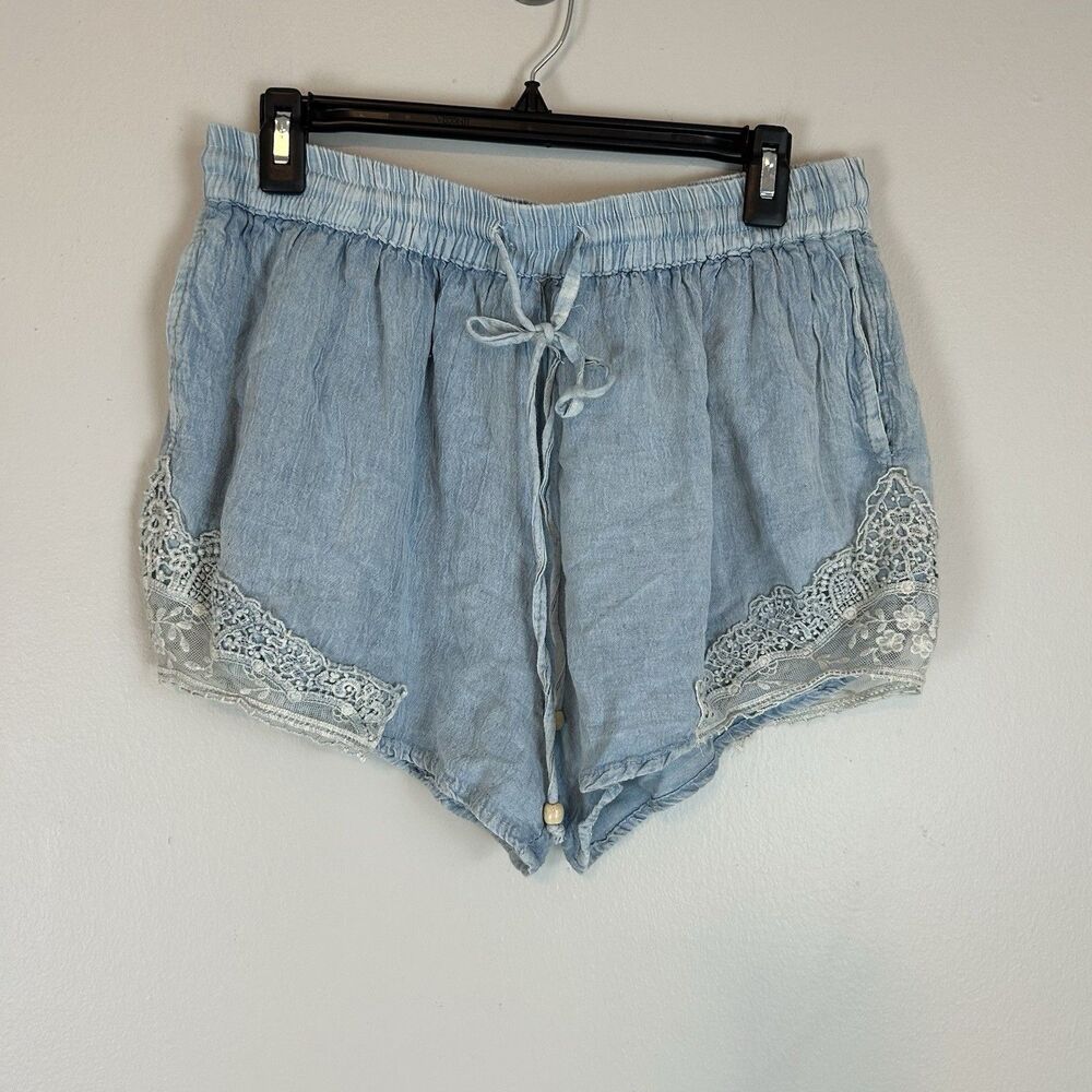 XL Linen Shorts Hippie Grunge Lace Boho Blue Beach Folk Earthy Embroidered